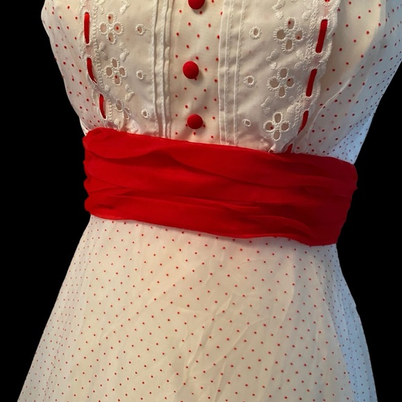 ILGWU Union Made Vintage Red Polka Dot w Eyelet Trim Ruffled Prom Dress - Picture 2 of 16